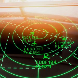 Black and green screen showing aircraft tracking.