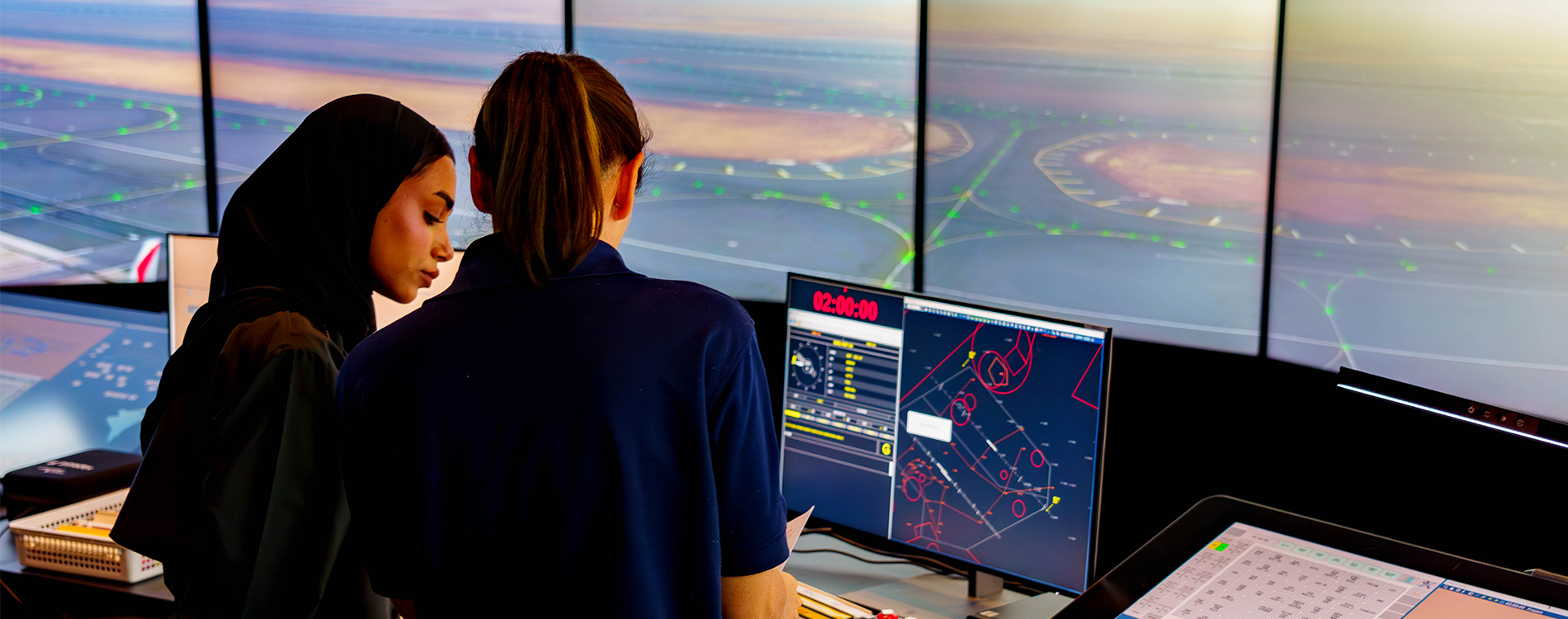 Two women at a screen inside the air traffic control simulator.